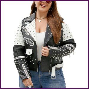 Plus Size Faux Leather Motorcycle Jacket with Zipper Pockets
